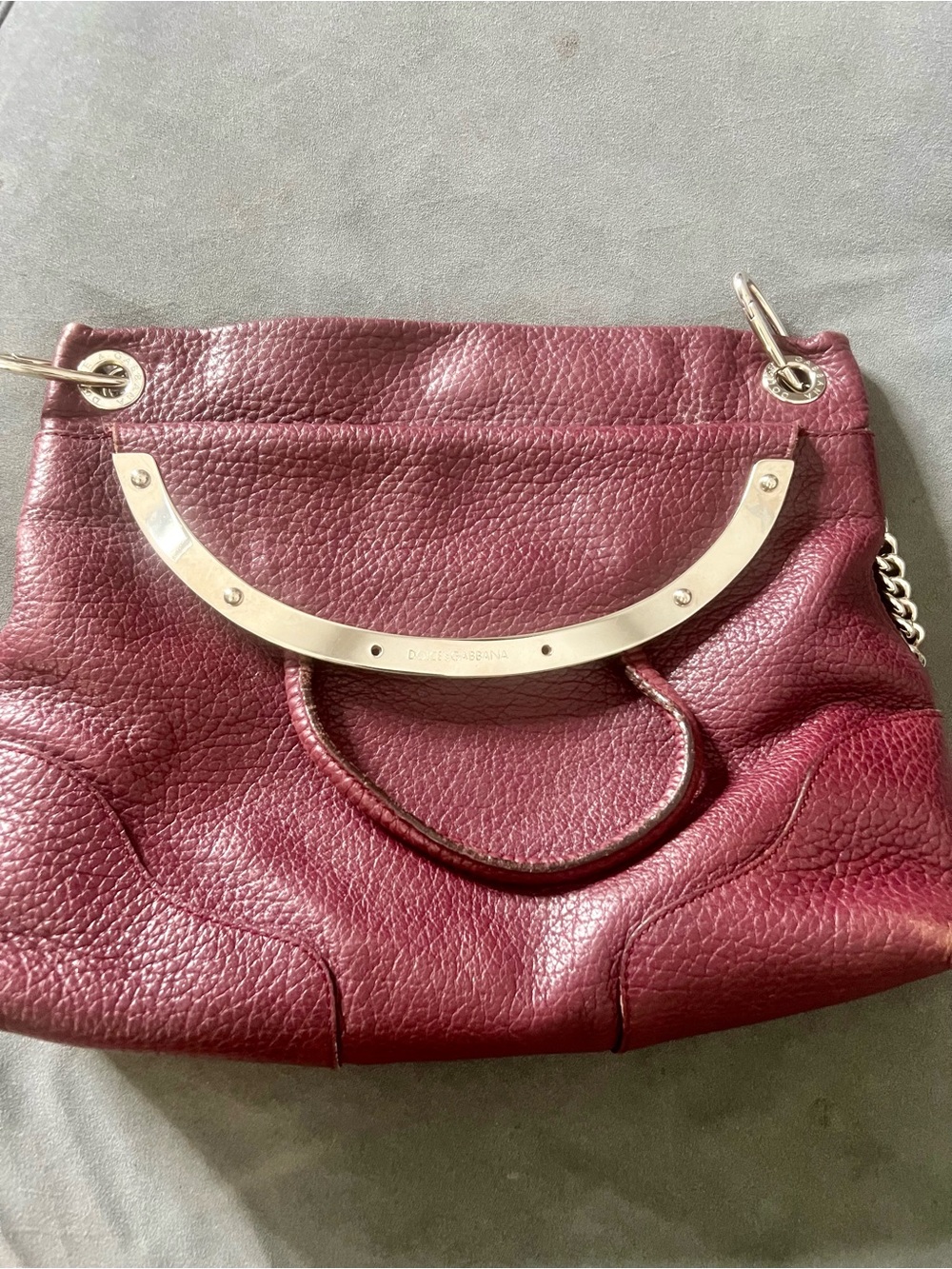 Dolce and Gabbana plum pebbled leather shoulder bag with silver hard ware. - Picture 7 of 14